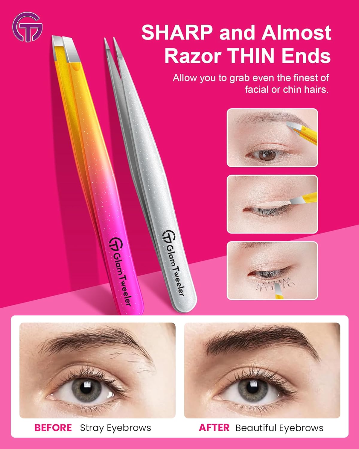 Expert Slant & Point Tip Tweezer Set - Precision Eyebrow Tweezers with Travel Case | Sparkle Hot Pink & Silver