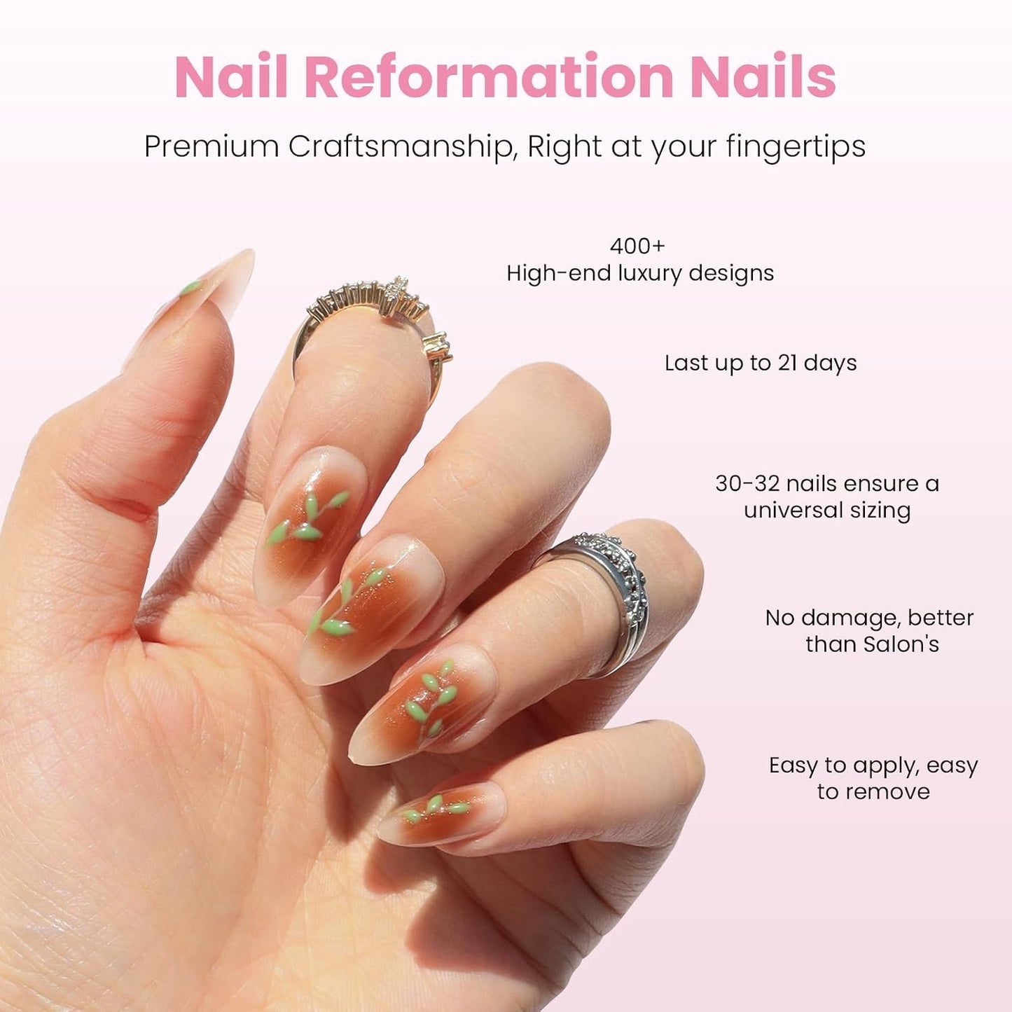 Press On Nails - Rose Gold Foil Medium Almond Fake Nails | Brown Blush Shimmer, Glossy Finish, Reusable - 30 Nail Kit with Glue, 15 Sizes