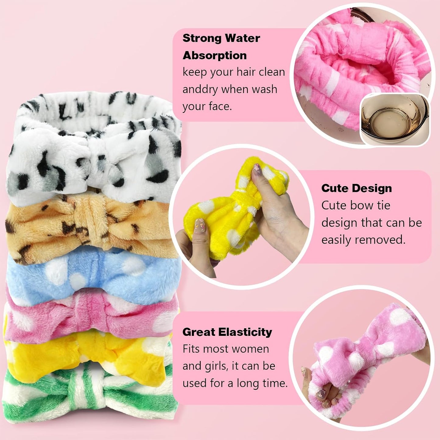 Spa Headband Set - 6 Pcs Furry Face Wash Headbands for Skincare & Makeup | Removable Bow Design