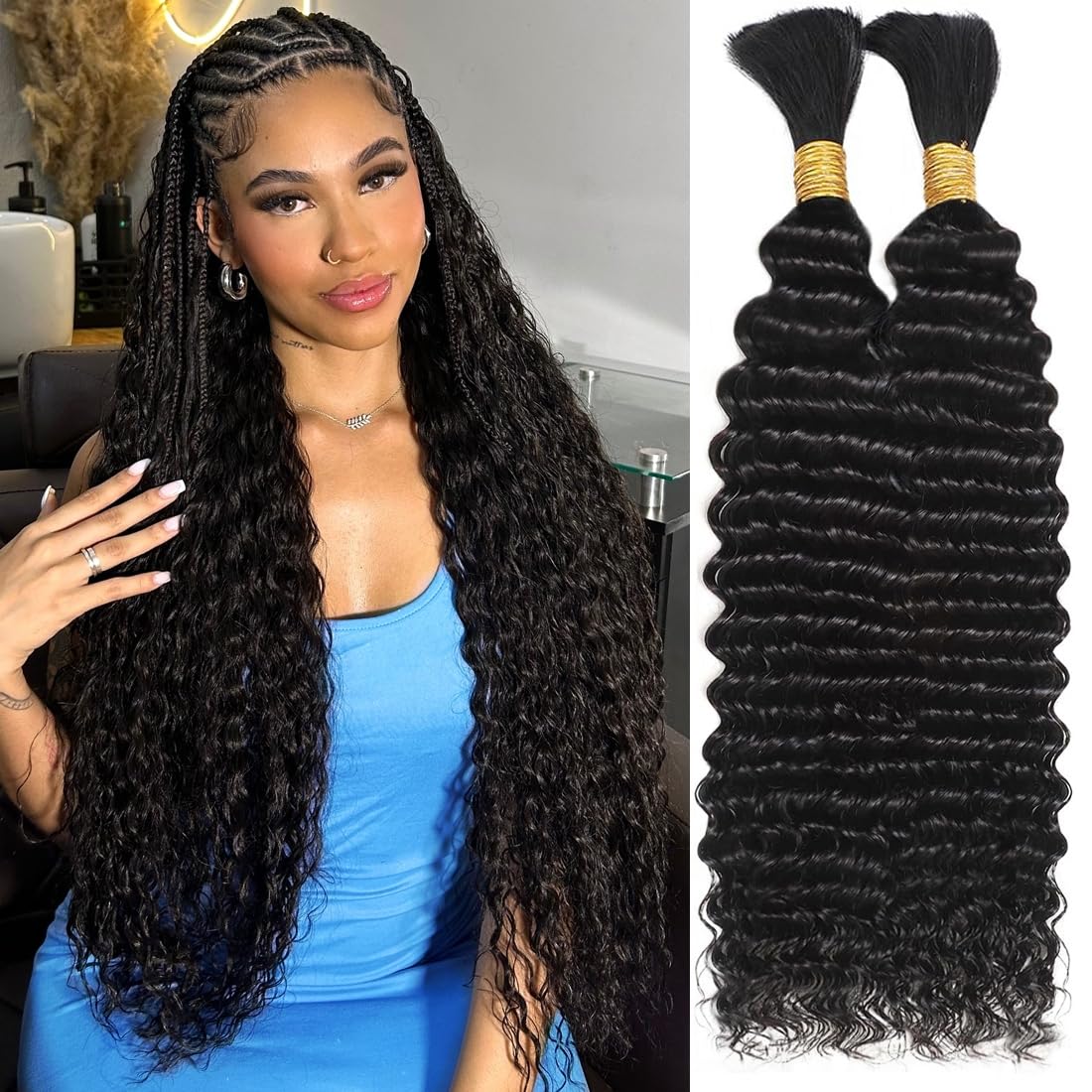 Human Braiding Hair for Boho Braids 18 Inch 110g Deep Wave Bulk Boho Human Hair for Braiding No Weft 12A Curly Human Hair Extensions for Boho Braids 2 Bundle Wet and Wavy Human Hair
