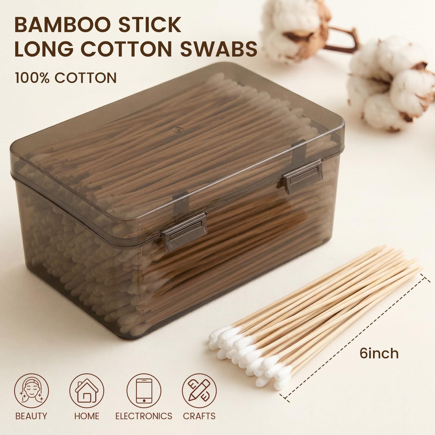 OwnWise 600 PCS Long Cotton Swabs in Storage Box, 6 Inch Wooden Cotton Swabs with Bamboo Stick, Lint-free Cotton Tipped Applicators for Pet Care, Makeup, Home