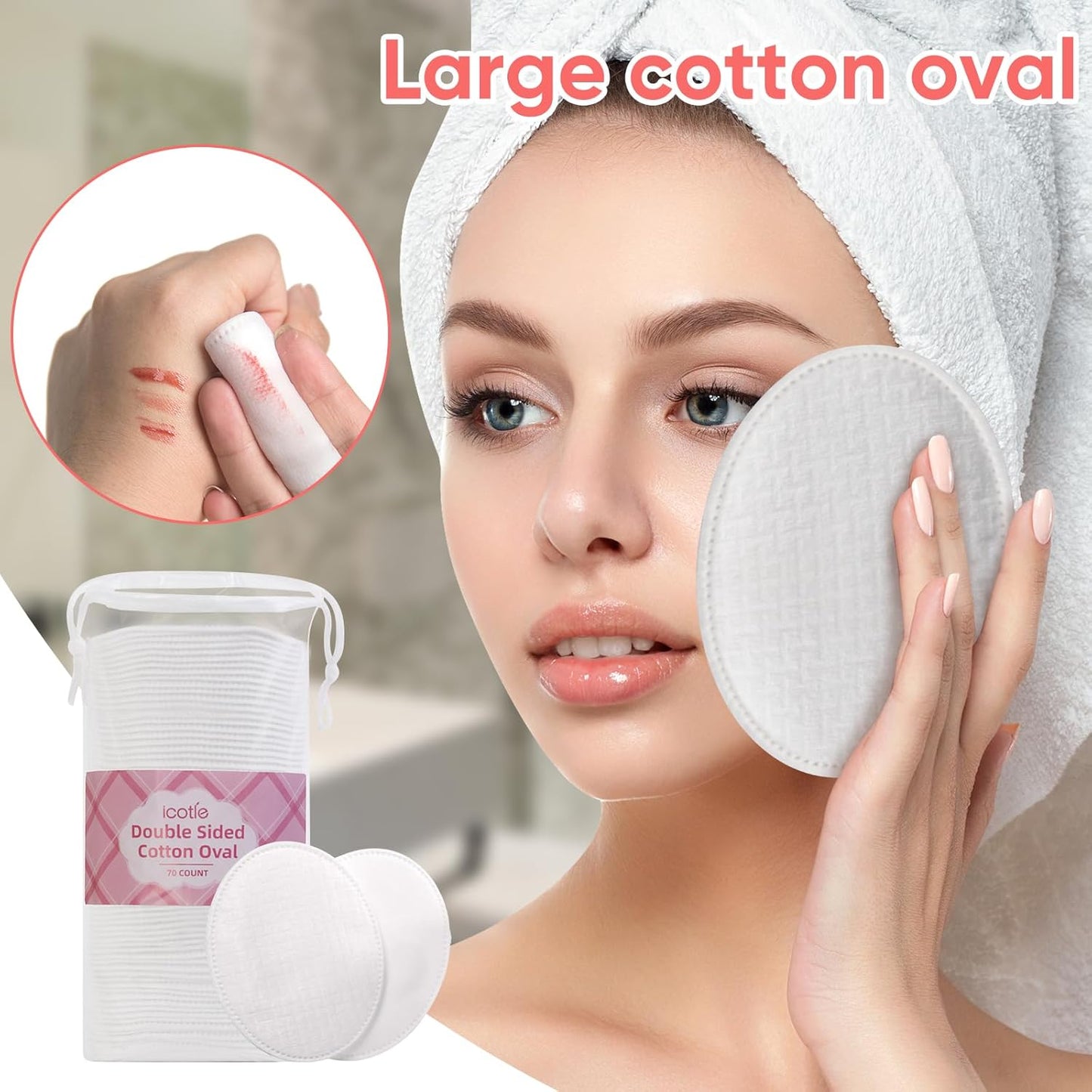 Large Oval Cotton Pads - 70 Count, Lint-Free, Ultra-Soft, Dual Textured for Makeup Removal & Skin Care