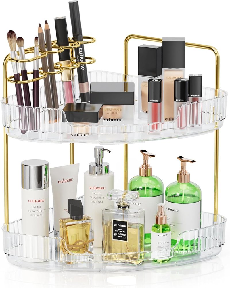 Acrylic 2-Tier Corner Bathroom Organizer - Makeup & Skincare Storage with Brush Holder | Clear