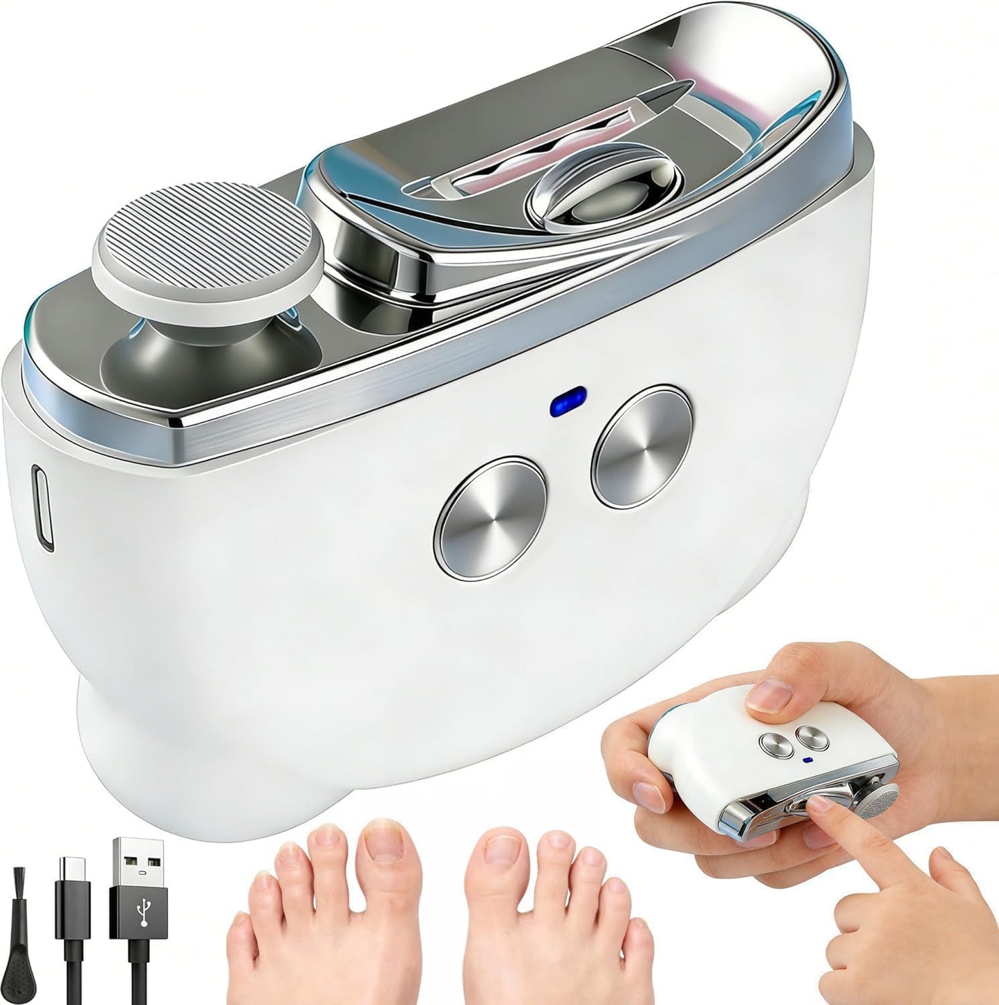 Electric Nail Clippers - Rechargeable Automatic Toenail Trimmer with LED Light & Filer | Ideal for Seniors & Adults (White)