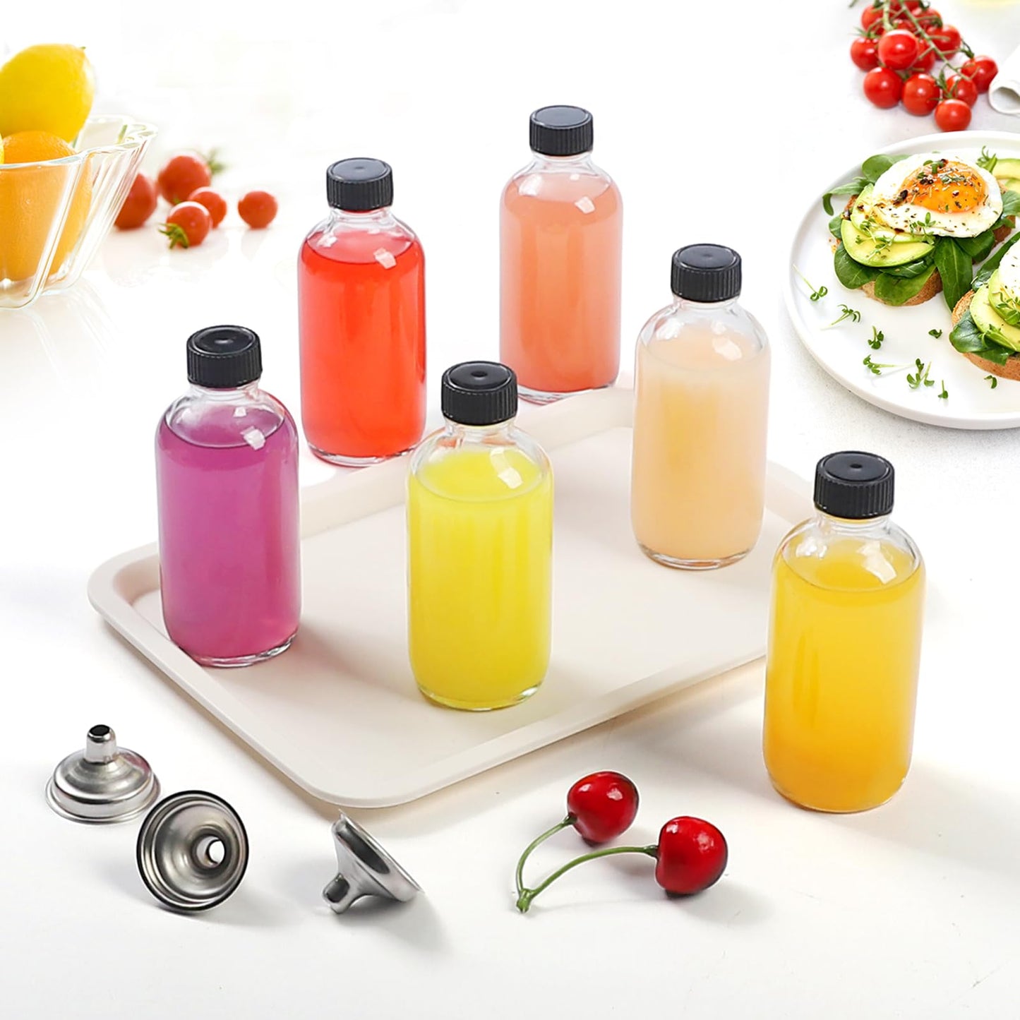 4 OZ Glass Bottles with Lids, 12Pcs Small Glass Containers with Lids and 3 Stainless Steel Funnels Clear Reusable Decorative Bottles for Juice Wellness Ginger Shots Whiskey Homemade Vanilla (4OZ)