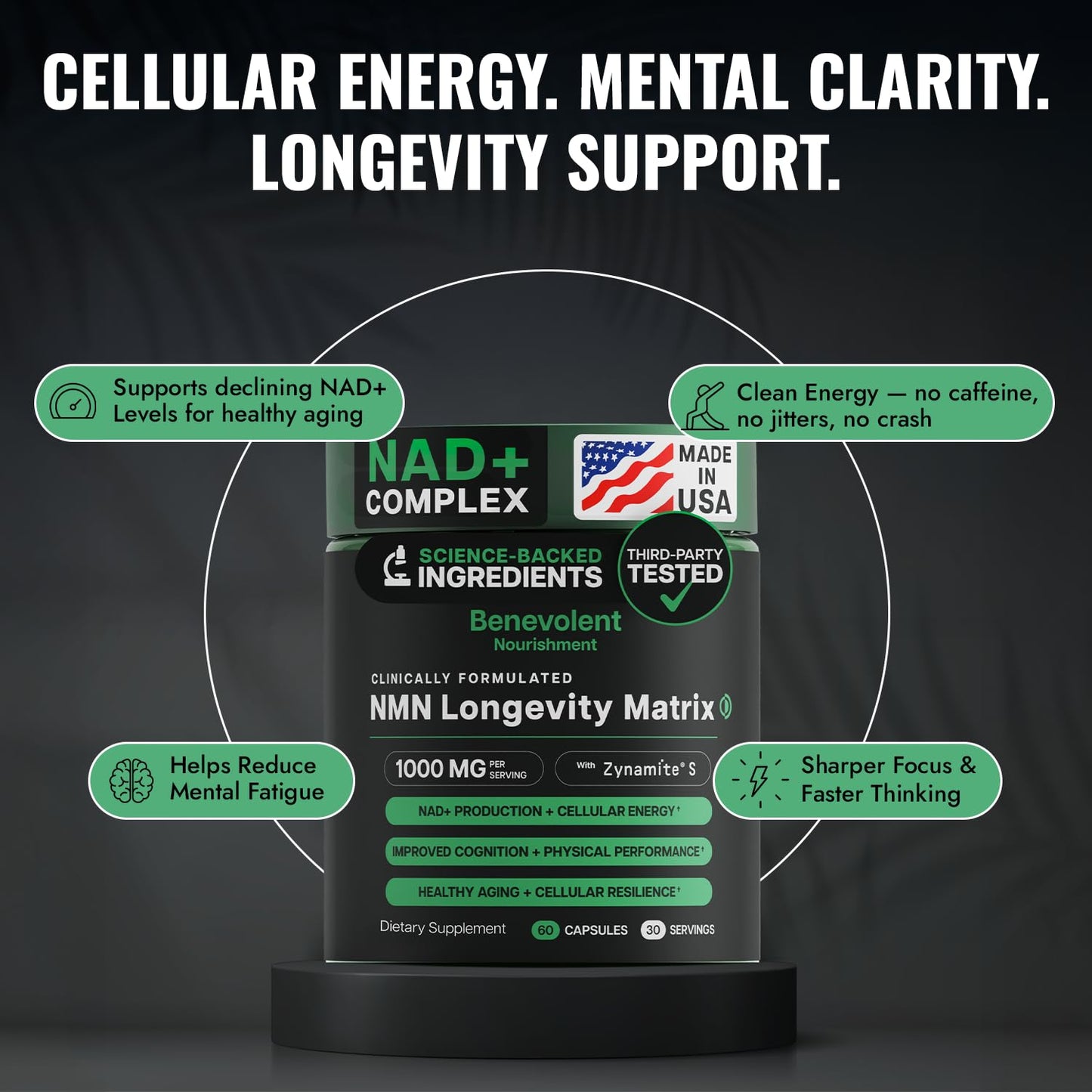 Benevolent Advanced NMN Supplement 1000mg (98% Purity) – 5-in-1 NMN Longevity Matrix with Zynamite® & PQQ for Increased NAD+ Levels, Cellular Energy, Cognitive & Healthy Aging – 60 Vegan Capsules