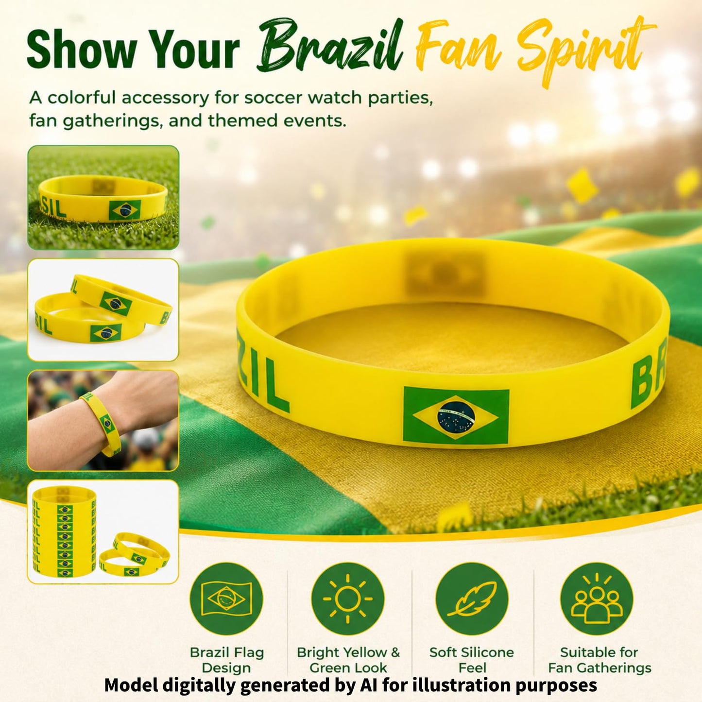 Qiknird Brazil Flag Silicone Bracelet, Flag Rubber Bracelets for Women and Men, Sports Events Worldcup Silicone Bracelet, Patriotic Decorations Party Supplies
