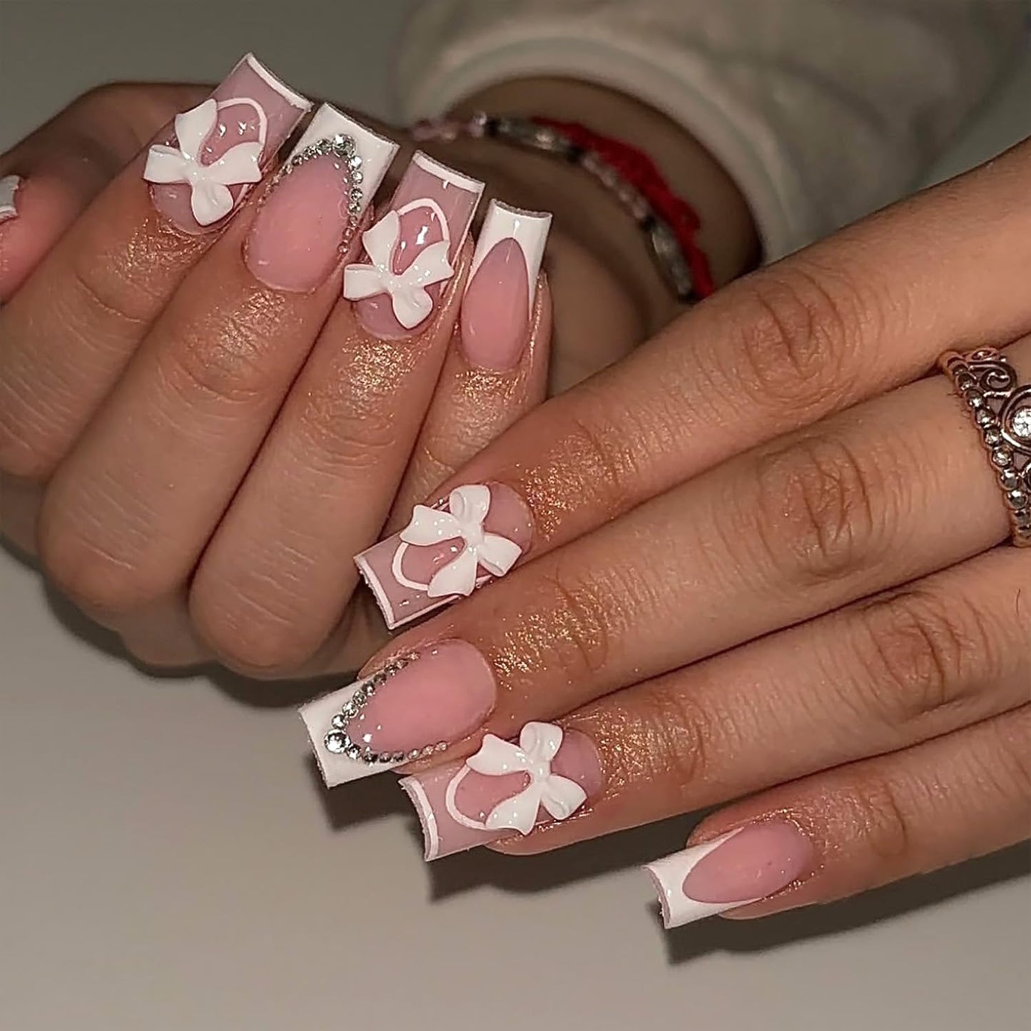 3D Flower Press-On Nails - Medium Square Pink French Tip with Star Rhinestones | Full Cover Artificial Nails for Women