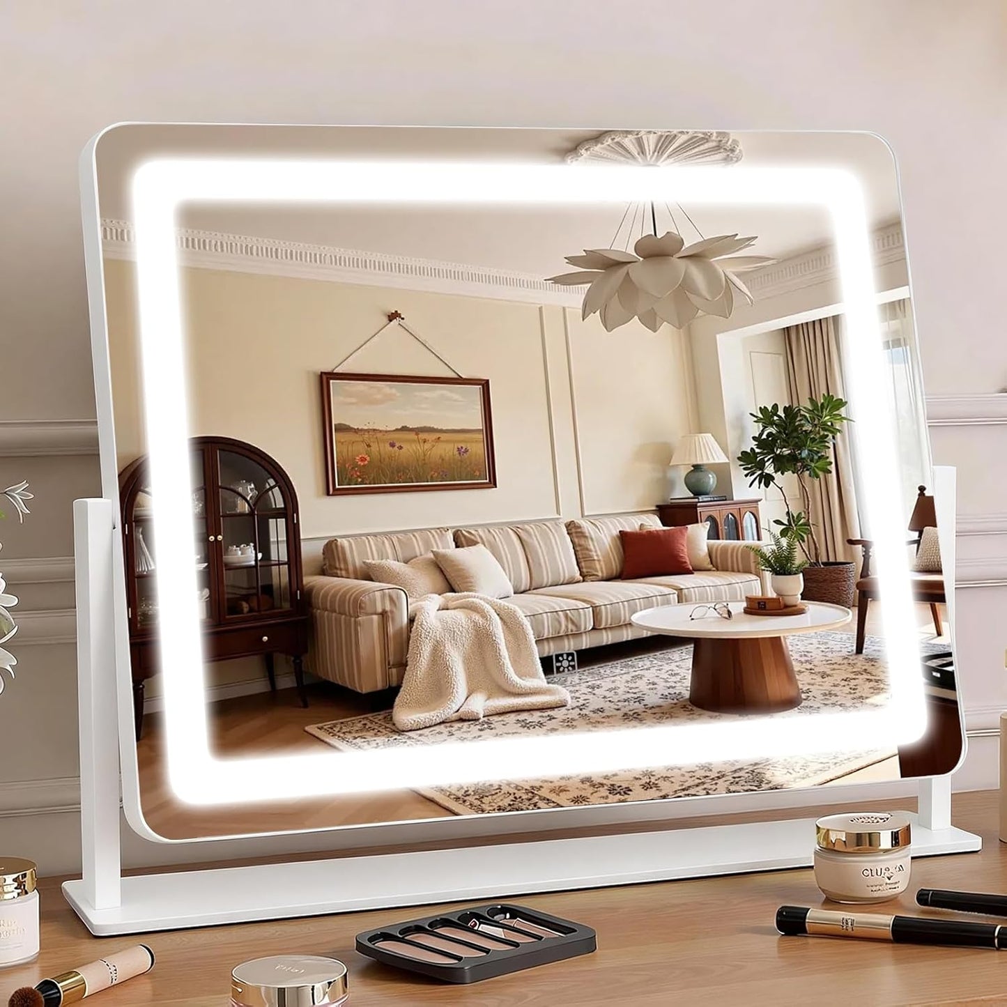 LED Makeup Mirror with Lights - 15" x 12.2" Dimmable Vanity Mirror with Smart Touch & 3-Color Lighting | 360° Rotation, White