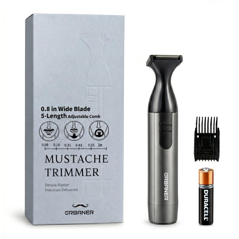 URBANER Mustache Trimmer for Men, 0.8” Precision Blade, Waterproof Adjustable Beard Detail Trimmer, 0.08”–0.55” Settings, Japanese Steel Blade for Lip Line & Edges, Black/Gray