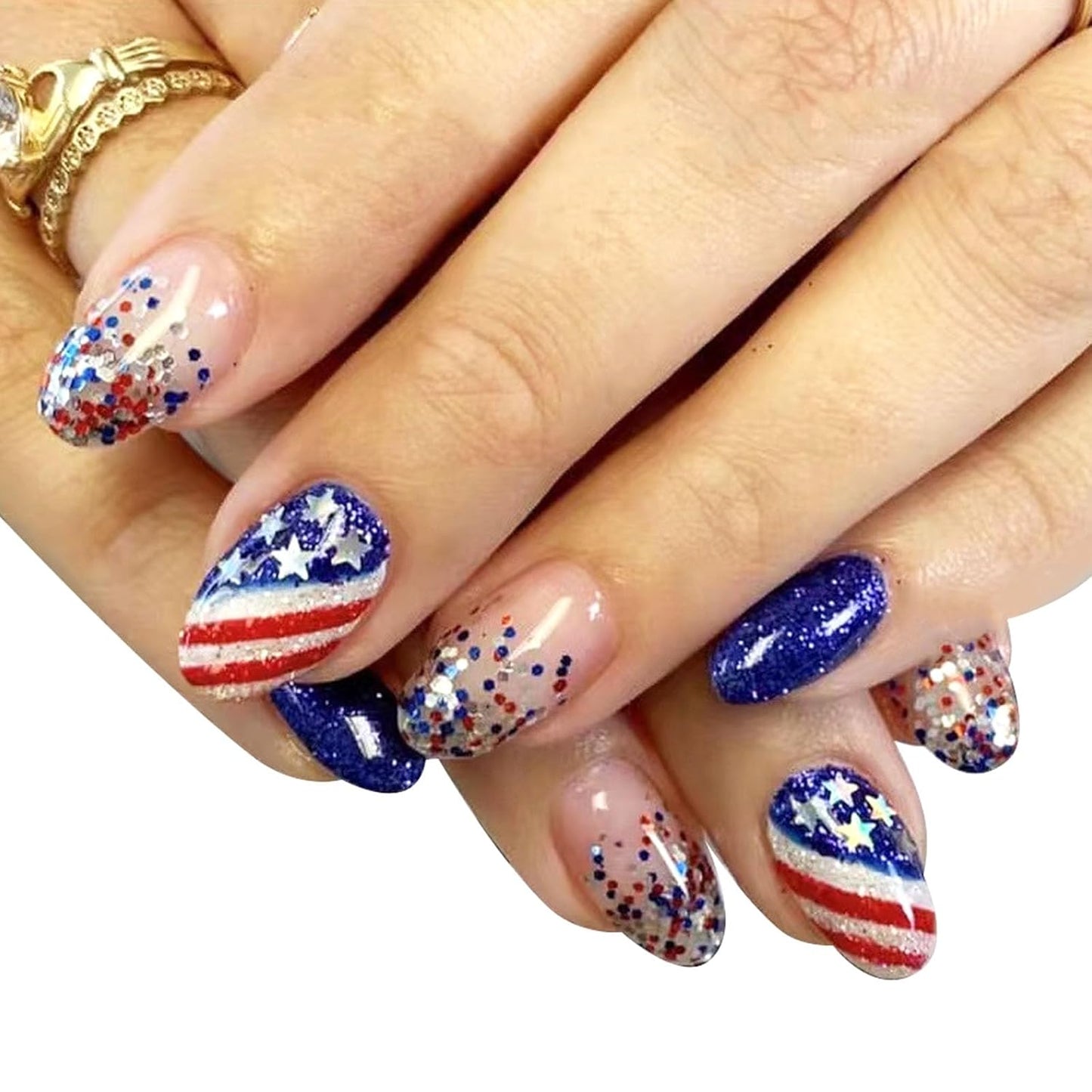 Press On Nails - Short Oval French Tip Design | Glossy Pink with Stars & American Flag - 24 Pcs