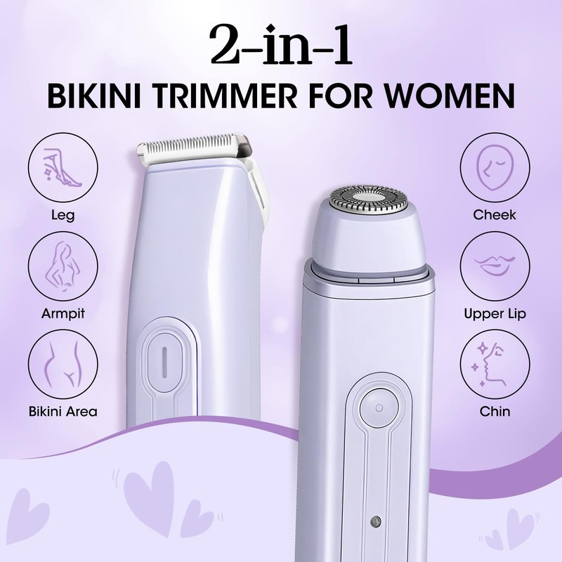 Lanumi 2 in 1 Electric Shaver Dual Head Bikini Trimmer Women IPX6 Wet Dry Pubic Hair Trimmer Rechargeable Body Facial Hair Remover for Face Lip Chin Underarm Legs (Purple)