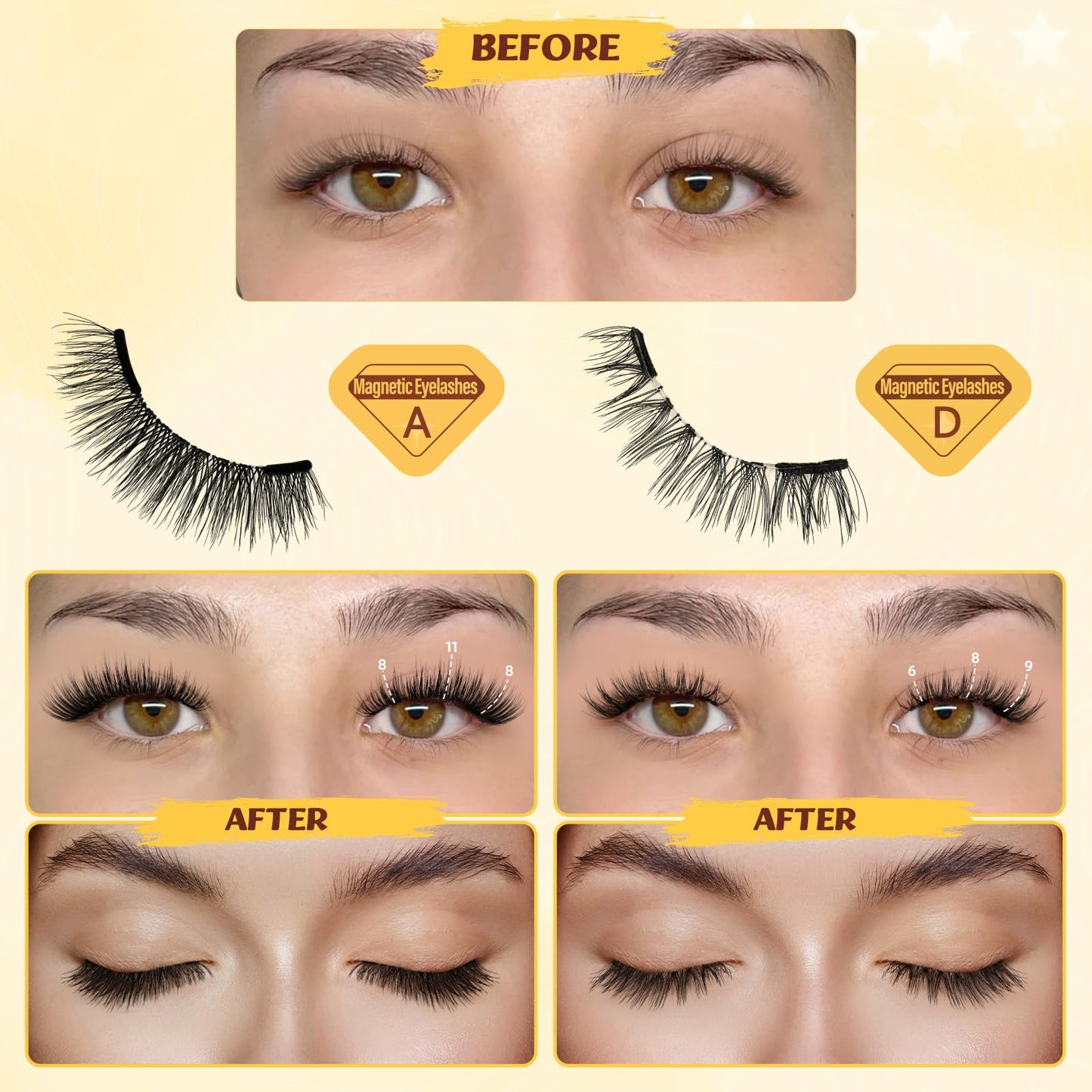 QUEWEL 2 Pairs Magnetic Eyelashes with Applicator Reusable No Glue Needed Magnetic Lashes Cat Eye Natural Look Lashes Kit Easy to Wear and Remove(NZH A+D)
