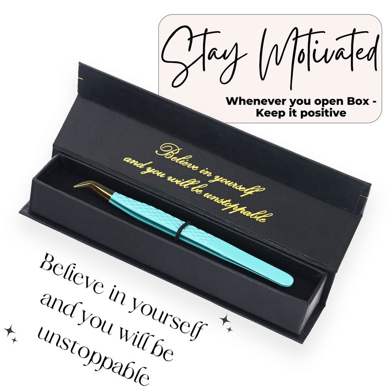 My Lash Tools Fiber Tip Lash Tweezers for Eyelash Extensions Professional Lash Tech Supplies Must Haves Volume Boot Eyelash Tweezers 12cm Stainless Steel Mink Fan Making Lashing Tweezer (Turquoise)