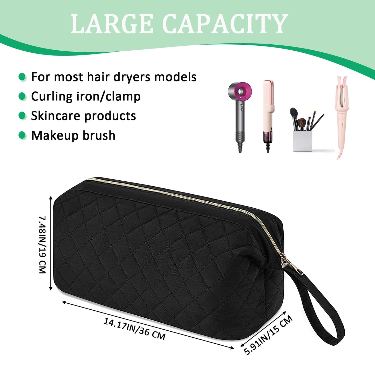 Pierides Quilted Hair Tools Travel Organizer Bag,Portable Large Hair Styling Accessories Storage Case for Flat Irons,Straightener,Curling Iron,Hair Dryer (Black)
