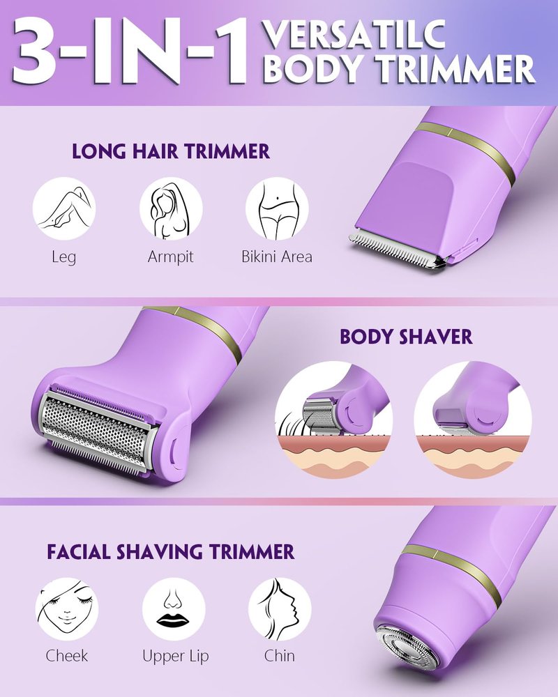 Bikini Trimmer for Women, Tiovara Painless Electric Razors Shaver IPX7 Waterproof Cordless Body Hair Trimmer Pubic Hair Removal with USB Charge Dock for Underarm Leg Arm Body Face Silk Skin (Purple)