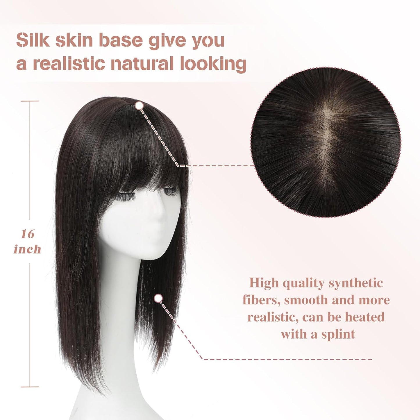 Hair Toppers for Women - Realistic Bangs & Scalp Coverage | 16-Inch Synthetic Wiglet for Thinning Hair, 6.5"x6.5" Size
