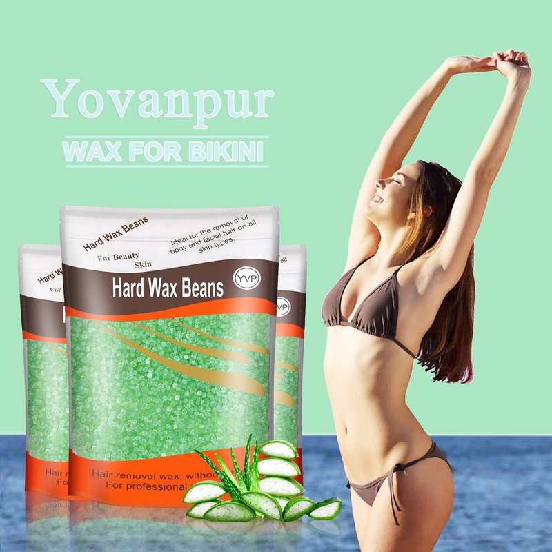 Yovanpur Hard Wax Beads for Brazilian Waxing, At Home Pearl Wax for Bikini, Face, Eyebrow, Legs - 300g (10 Oz) with 10 Wax Spatulas (Light Green-Aloe)