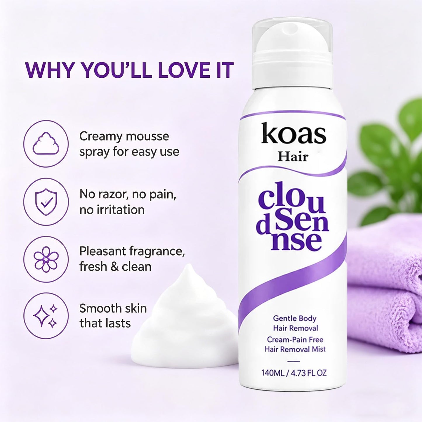 Koas Hair Removal Mousse for Women and Men, Gentle Body Skin-Softening Hair Removal Cream, Smooth-Looking Skin Hair Remover Spray For Legs, Arms & Underarms (3 Pcs, Aloe Vera)