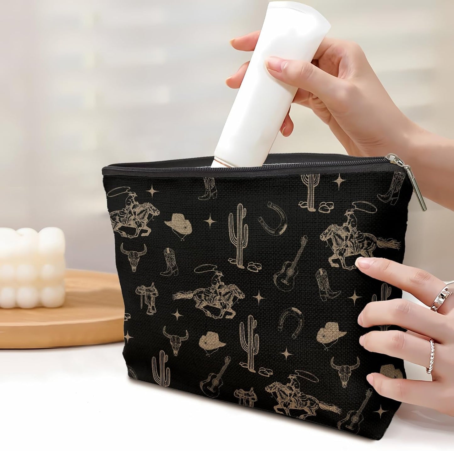 Boho Western Makeup Bag - Rustic Cow Skull & Cactus Design | Vintage Cosmetic Pouch for Women