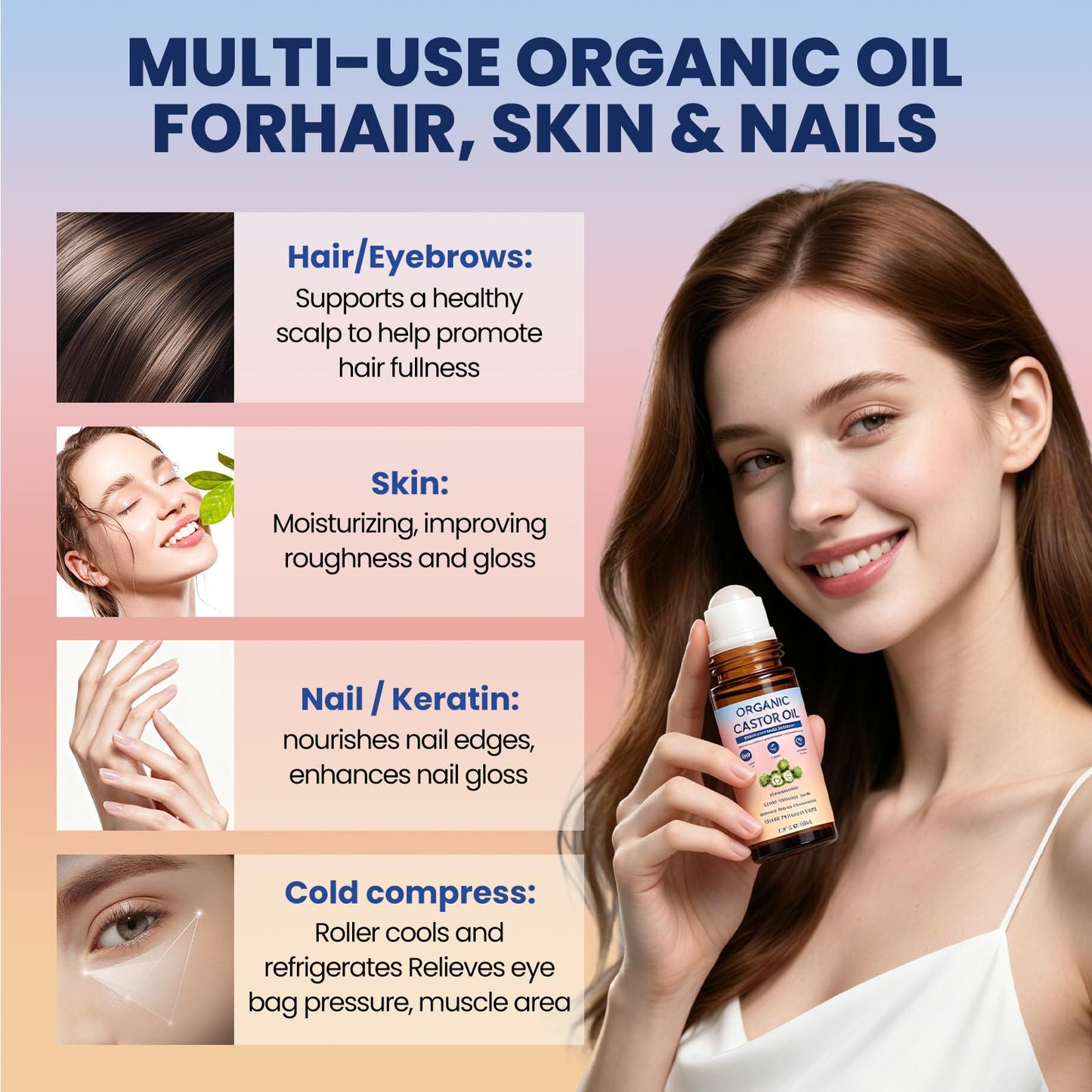 ToopBCP Organic Castor Oil with Rose Quartz Roller, 100% Pure Cold-Pressed, Used to promote hair growth, eyelash growth, eyebrow growth and skin health, Organic Castor Oil Roll On Rose Quartz. 1.7oz
