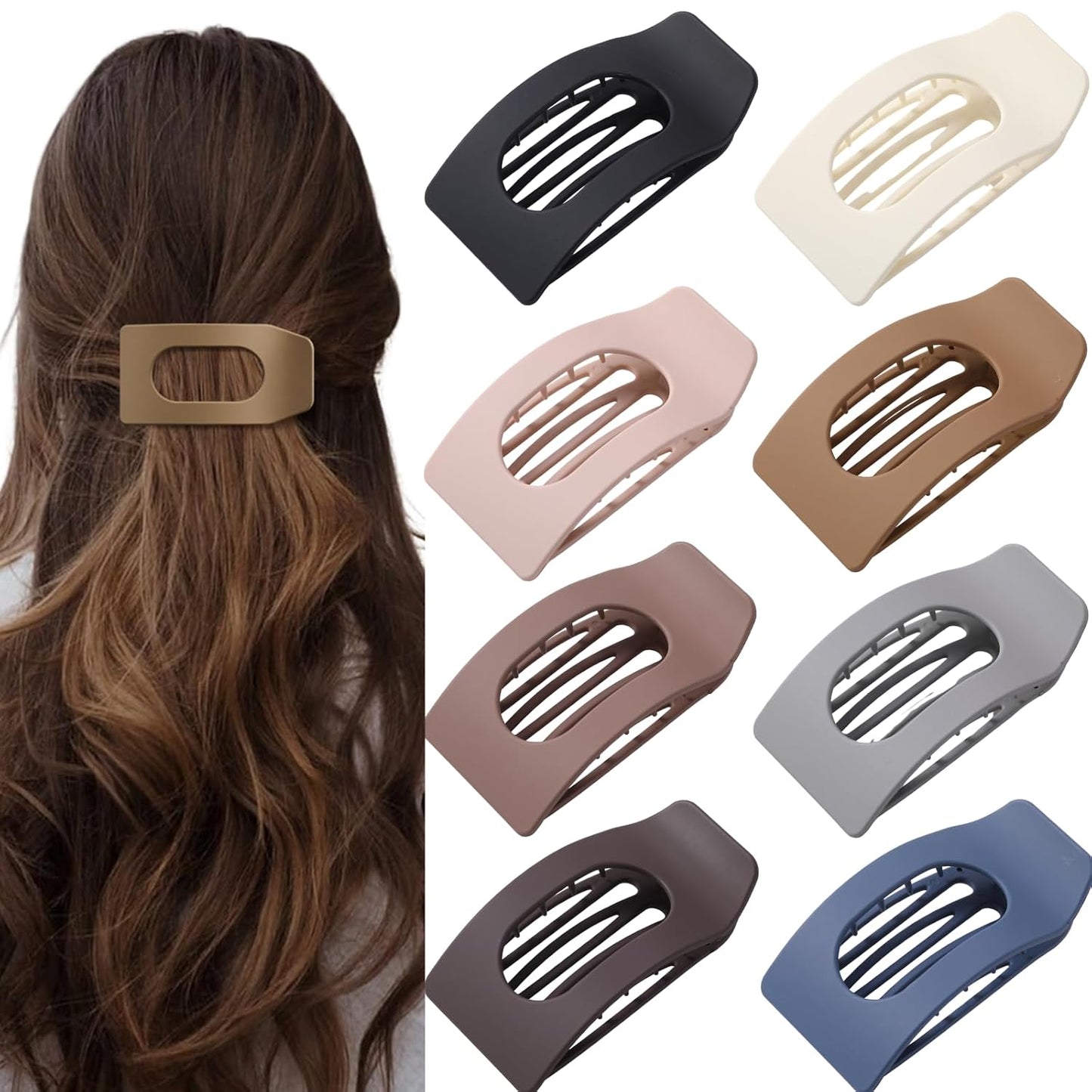 Flat Hair Clips for Women - 8 Pack Large Matte Rectangle No-Slip Claw Clips | Strong Hold for Thick & Thin Hair