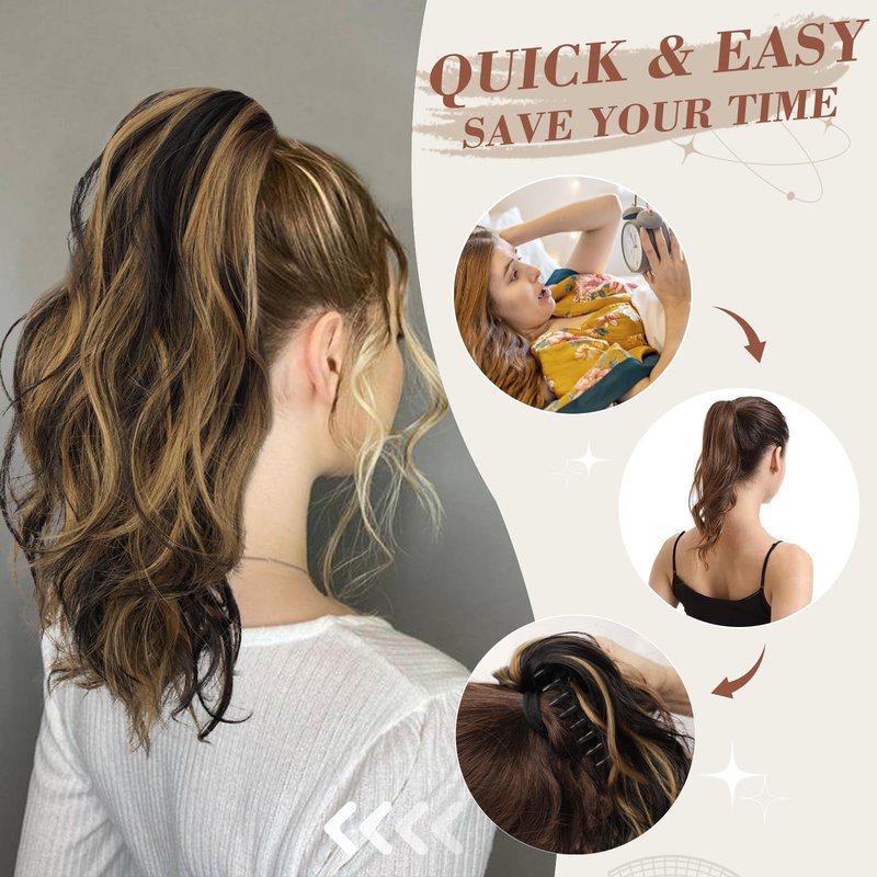BARSDAR Claw Clip in Ponytail Extensions - 14 Inch Short Wavy Highlight Ponytail Hair Extensions for Women - Synthetic Claw Clip in Pony Tails Hairpieces - Black with Highlights