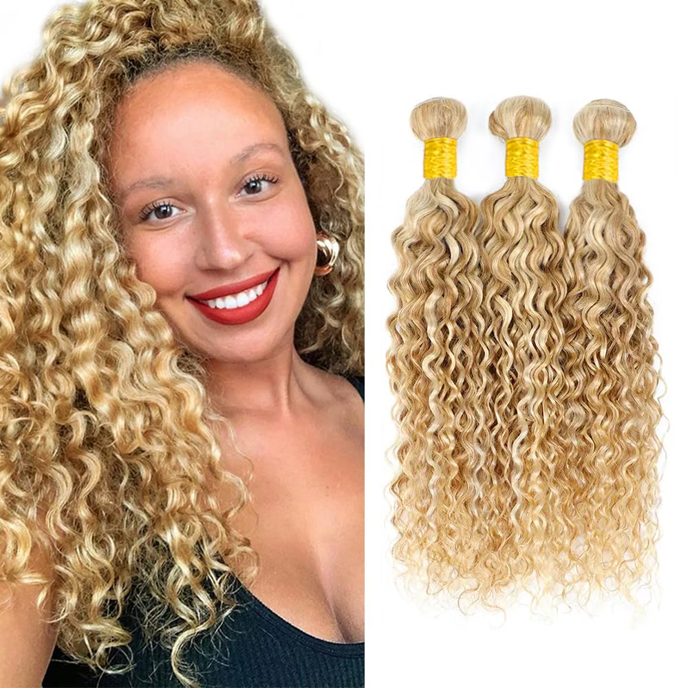 P27/613 Highlight Bundles Human Hair Water Wave Bundles 26 26 26 Inch Honey Blonde Unprocessed Brazilian Virgin Hair 3 Bundle 50 Gram Per Bundle Deals Quick Weave Hair Extensions