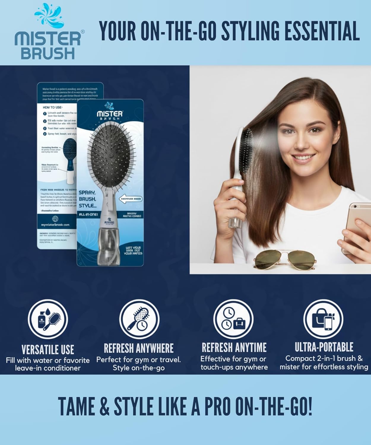 Mister Brush 2-in-1 Hairbrush with Water Reservoir - Innovative Mist & Brushing Tool for Wet & Dry Hair | No-Tangle Bristles, Easy to Use (Pink)