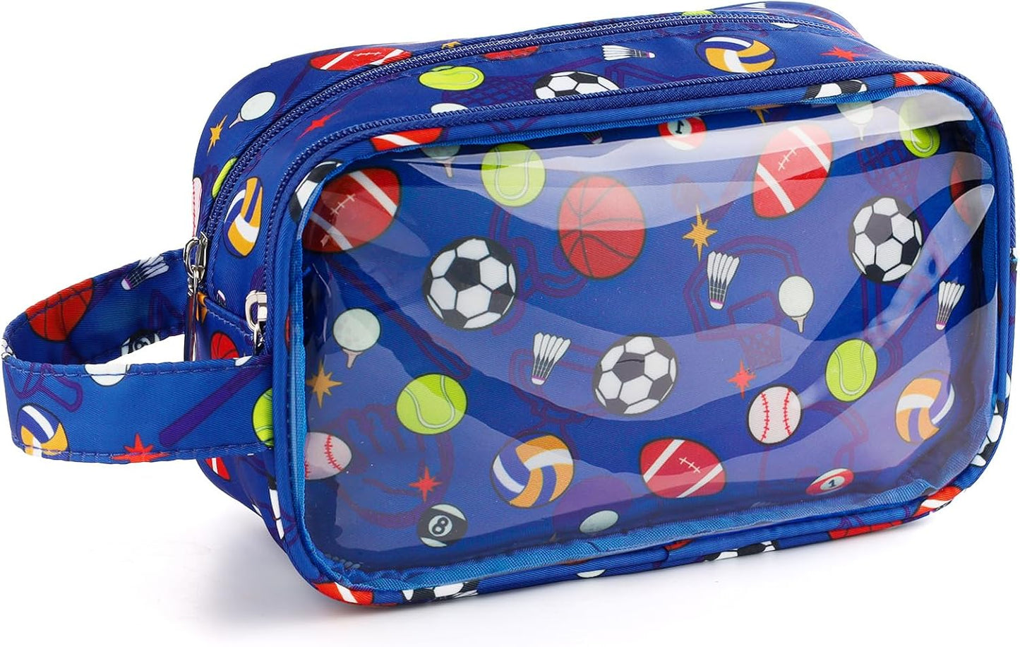 Kids Toiletry Bag - Waterproof Hanging Travel Organizer for Boys | Blue Soccer Balls Design