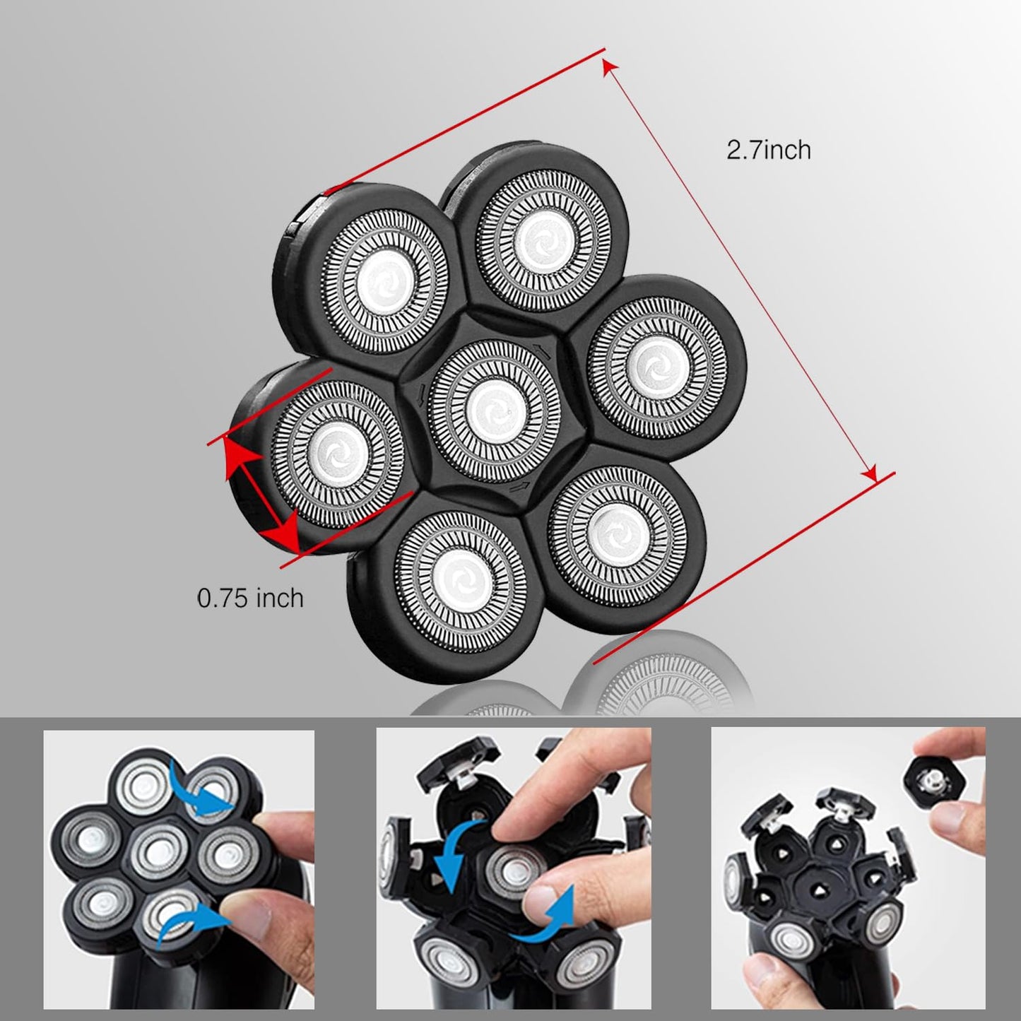 7 Blades Universal Head Shaver Replacement Heads for Freebird Shaver, Black, Men's Electric Shaver Accessory (7 Heads Black)