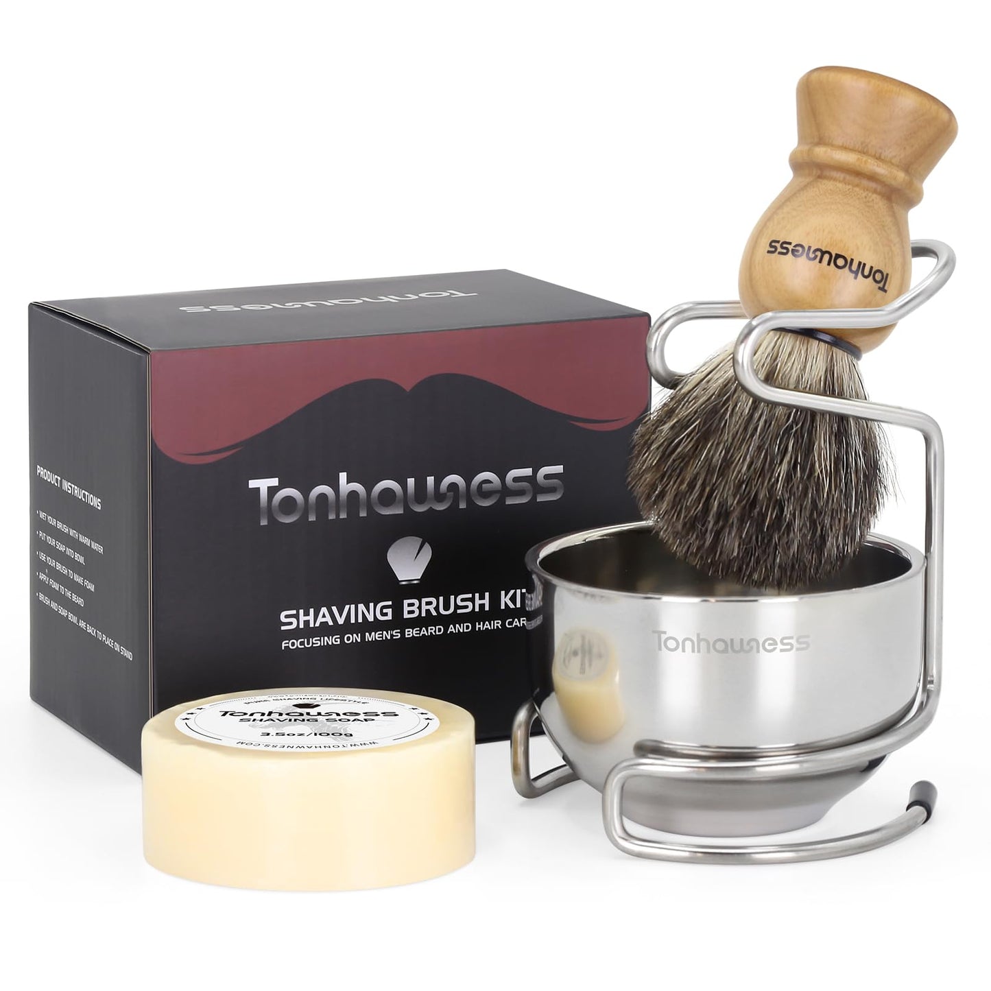 Tonhawness Shaving Brush Kit for Men, 4 in 1 Shaving Brush Set Includes Pure Badger Shaving Brush, Shaving Soap and Stainless Steel Shaving Bowl & Stand for Men’s Barber Shave Gift