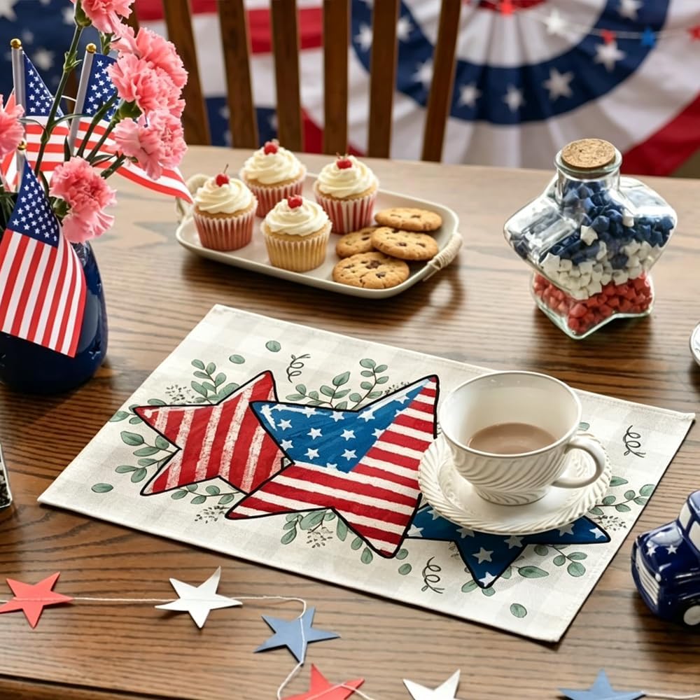 Retro Stars Independence Day Placemats - 250th Anniversary Table Mats for July 4th | 18 x 12 Inch Kitchen Decor
