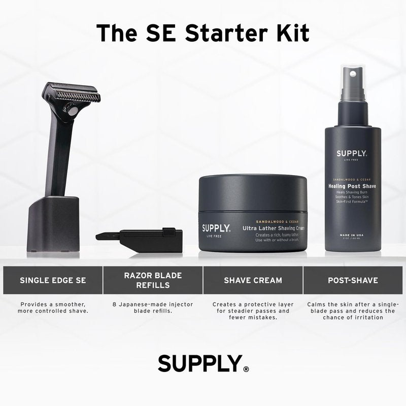 SUPPLY Single Edge SE Shaving Starter Kit for Men – Includes Safety Razor in Classic Matte, 8 Black Label Blade Refills and Shaving Cream 3.4 oz & Post Shave Lotion 2 oz in Sandalwood & Cedar