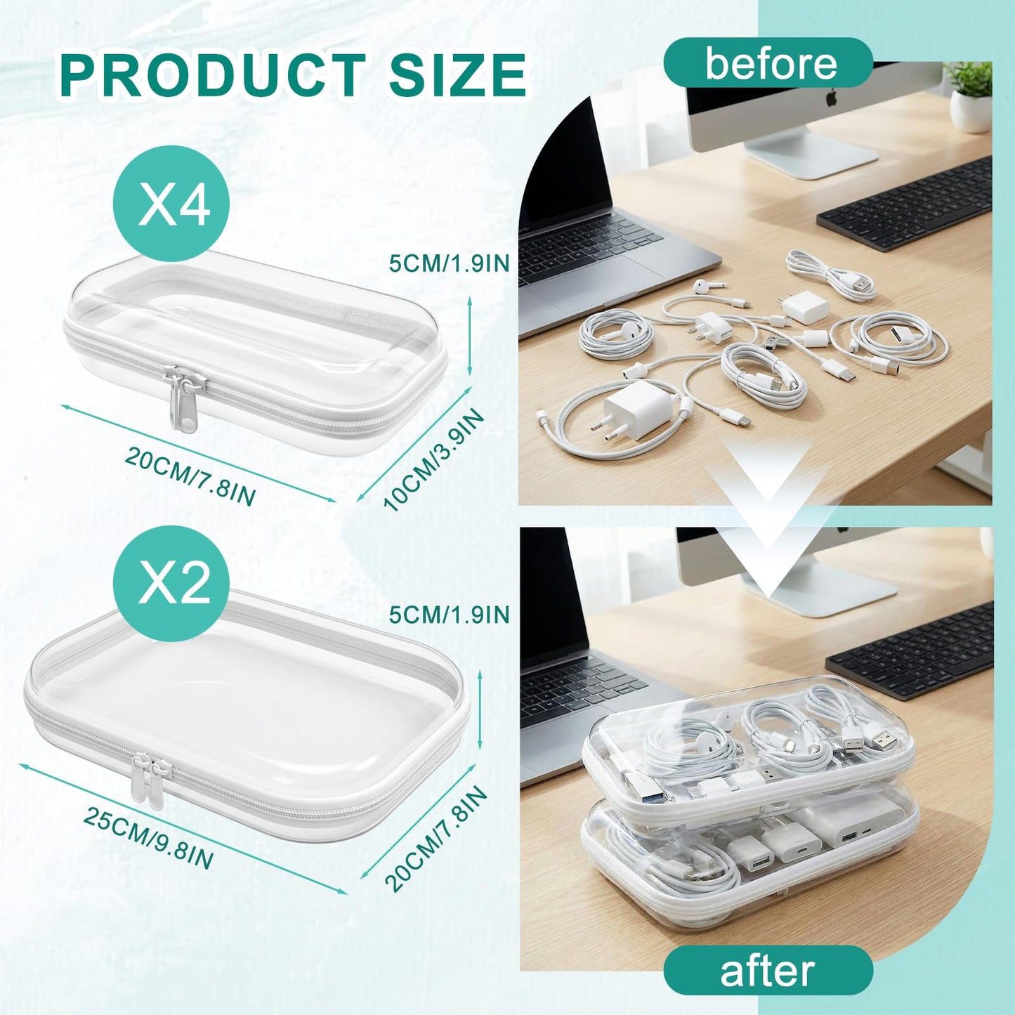 Kinimore 6 Pack Clear Hard Shell Zipper Case, Clear Zipper Pouches for Organizing, Diaper Bag Organizer Pouches, Plastic Cosmetic & Travel Toiletry Pouch Set (2M+4S)