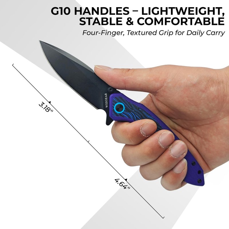 WSSGEAR D2 Steel Folding Pocket Knife with Side Lock - 4.64” Purple G10 Handle, Blue Damascus Inlay, Black Titanium Coated EDC Blade, Bonus Emergency Pocket Wire Saw