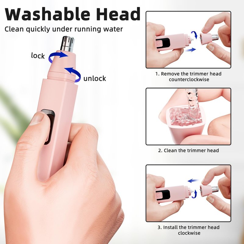 VOTEYO Nose Hair Trimmer Rechargeable Cordless Painless Ear Eyebrow Trimming Tool Dual Edge Blades Razor Easy Cleansing with LED Light for Man Woman (Rose)
