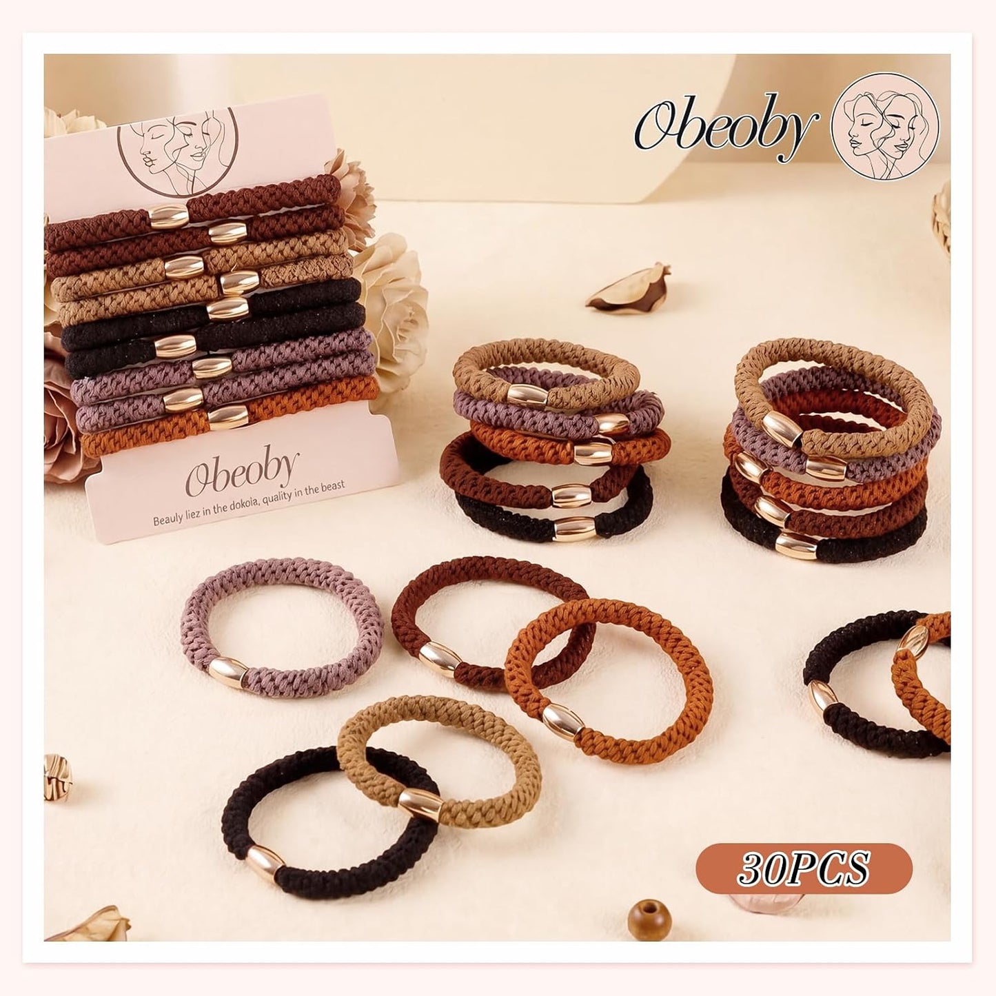 Hair Ties for Women - 30 Pcs Thick Braided No Crease Hair Ties | Damage-Free Ponytail Holders in Neutral Colors