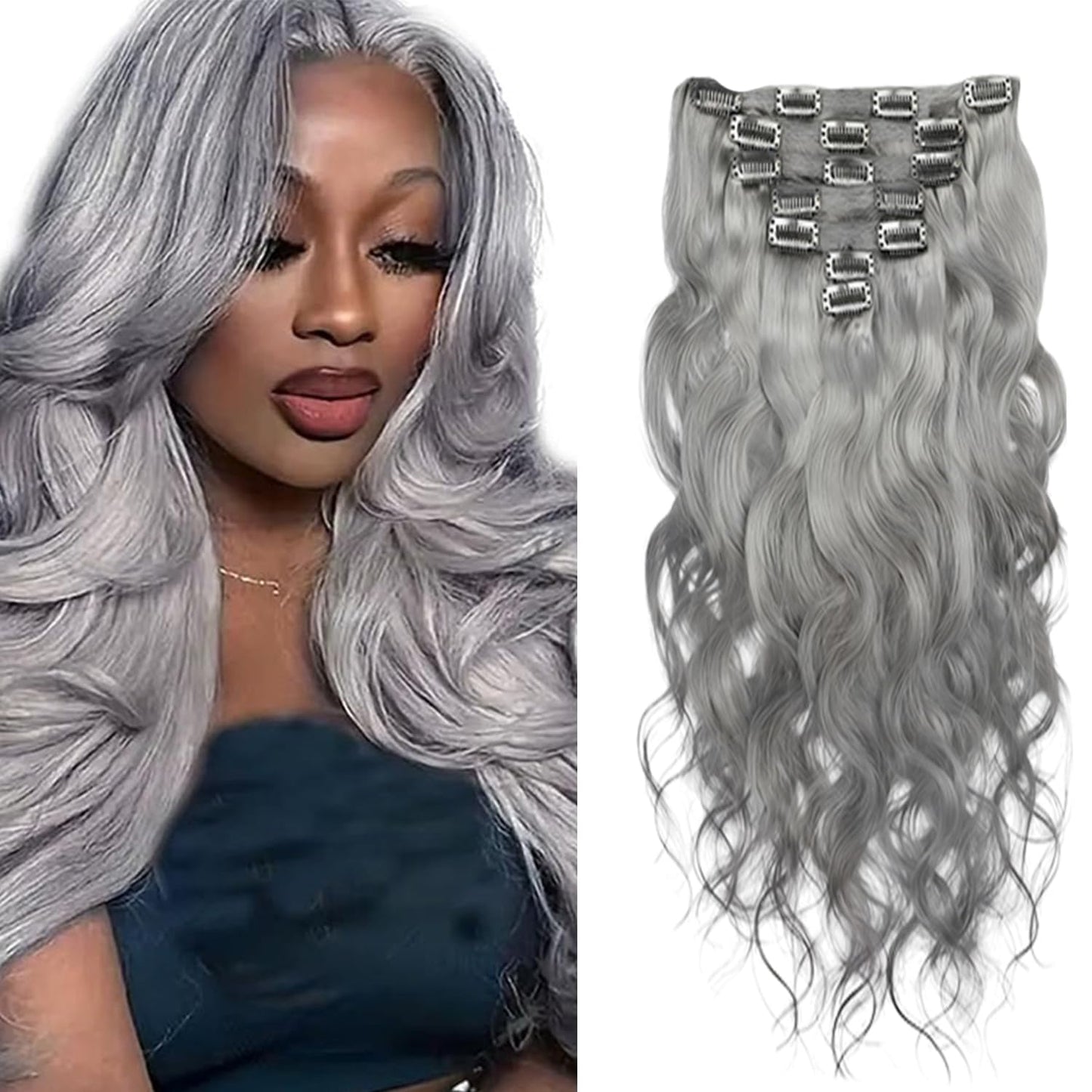 Grey Long Wave Clip in Hair Extensions Real Human Hair, 32 Inch 120g/7Pcs,Full Shine Remy Human Hair,Natural Grey Clip ins Brazilian Virgin Human Hair Extensions