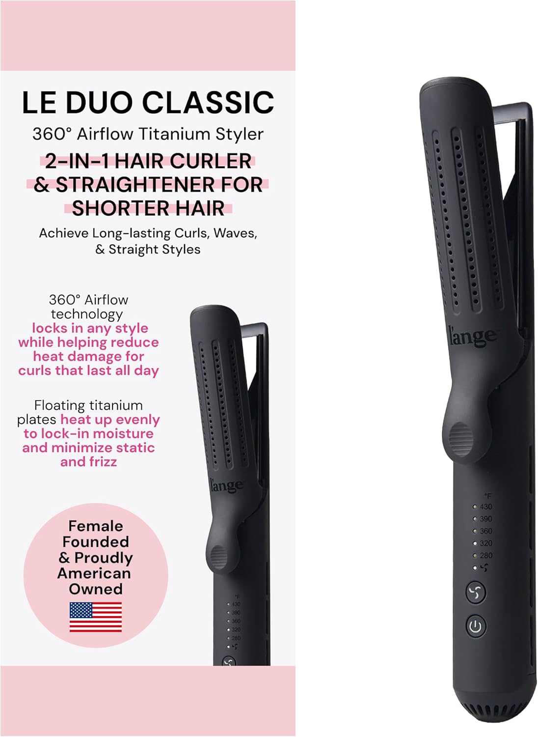 L'ANGE HAIR 2-in-1 Hair Straightener & Curler - 360° Airflow, Titanium Plates | 1" Wand for Long Hair (Blush)