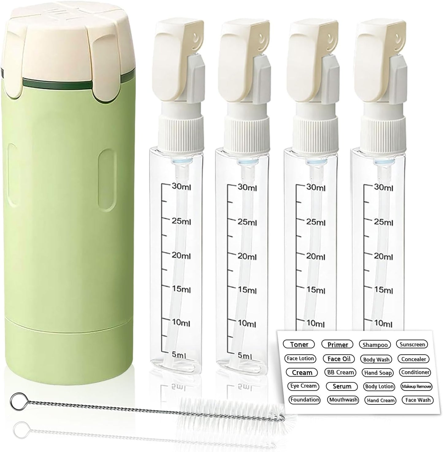 Travel Dispenser Bottle Set - 4 in 1 Leak Proof 30ml Toiletries Containers with Cleaning Brush | Perfect for Shampoo, Conditioner & Travel