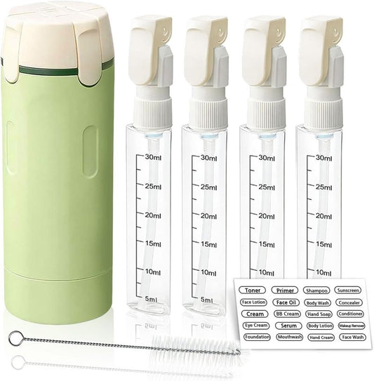 Travel Dispenser Bottle Set - 4 in 1 Leak Proof 30ml Toiletries Containers with Cleaning Brush | Perfect for Shampoo, Conditioner & Travel