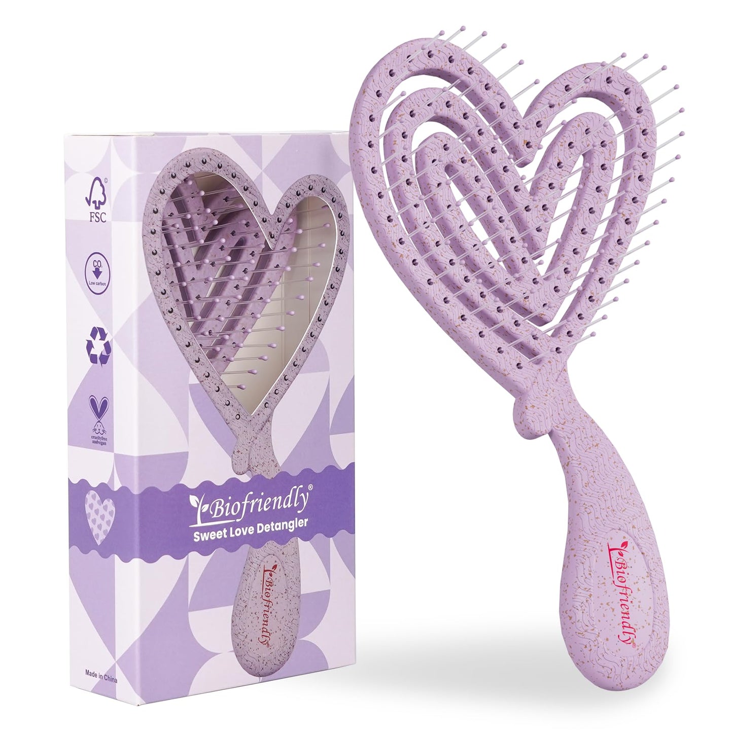 Biofriendly Mini Detangling Hair Brush for Wet & Dry Hair, Compact & Lightweight for On-the-Go Use, Gentle Flexible Bristles for Smooth Detangling, Heart-Shaped Design, Lilac Veil