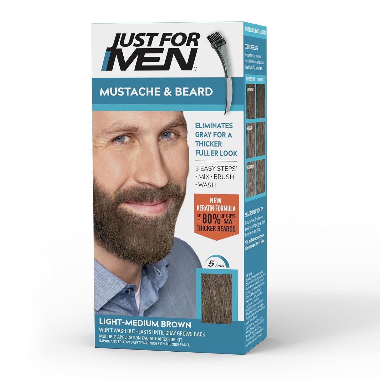 Just For Men Mustache & Beard Color | Gray Hair Beard Coloring with Keratin, Biotin & Aloe - Medium Brown M-35