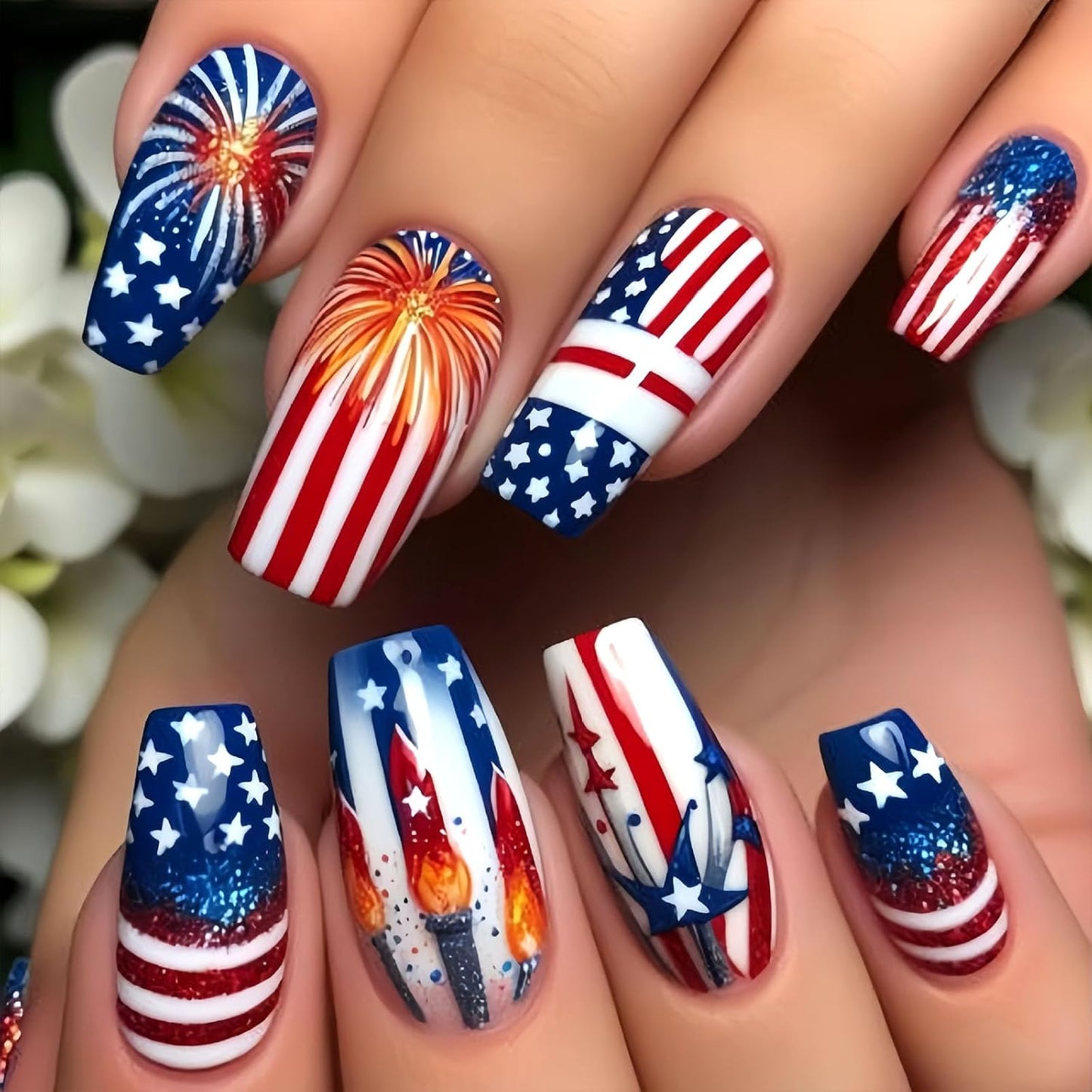 Press On Nails - Short Oval French Tip Design | Glossy Pink with Stars & American Flag - 24 Pcs