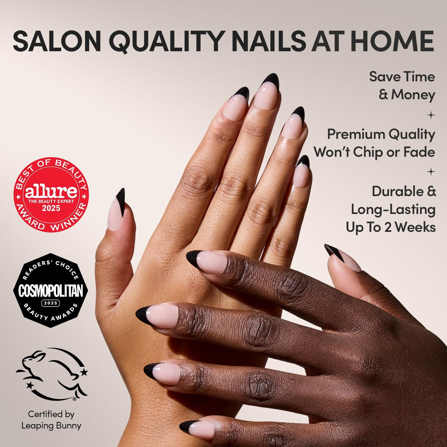 Press On Nails - Caviar | Semi-Transparent Short Almond Shape, Salon Quality | 30 Nail Kit with Glue, 15 Sizes Available