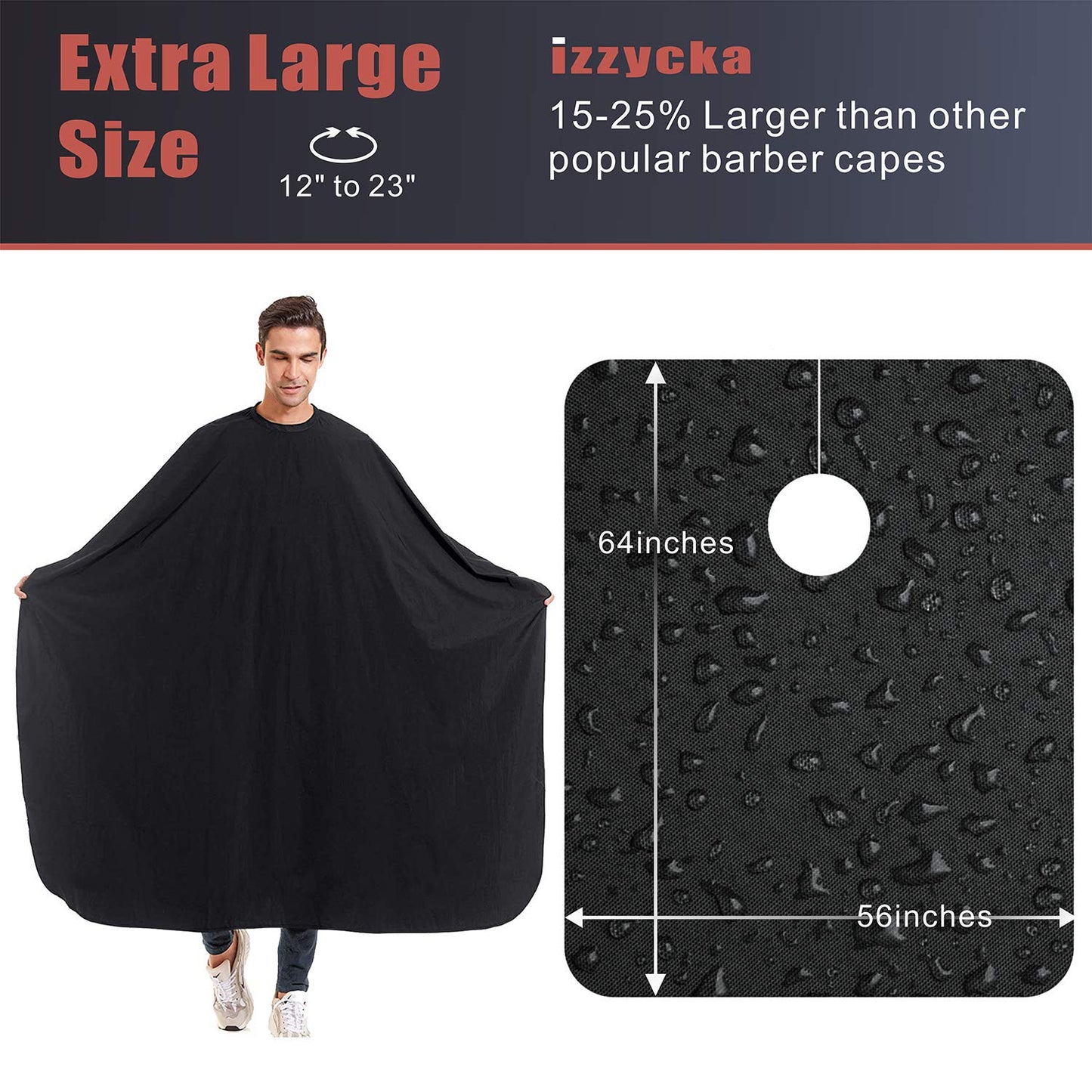 izzycka Nylon Barber Cape 64"x56" Waterproof Salon Large Hair Cutting Cape Haircut for Men with Adjustable Snap Closure Color Capes Professional Stylist Hairdresser Apron Adults Unisex Black