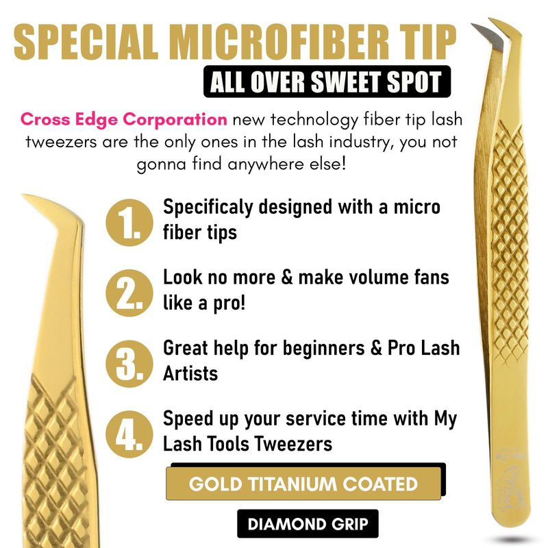 Mega Volume Fiber Grip Lash Tweezer – Boot Tip, Diamond Grip, Professional Stainless Steel, Precision Lash Extension Tool for Volume Fans, Classic, and Mega Volume Eyelash Extensions (Gold)