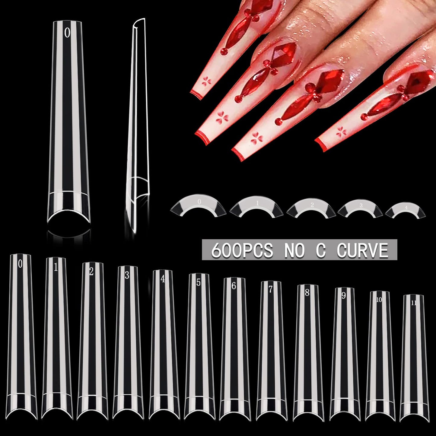 Stiletto Nail Tips - 600PCS XXXL Extra Long Full Cover for Acrylic Nails | 12 Sizes Clear Flattened Fake Nails