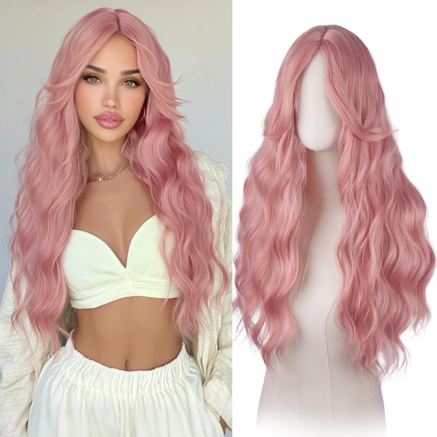 Blue Wigs with Curtain Bangs - Long Wavy Synthetic Hair Wig for Women | 26 Inch Blue Mixed Grey